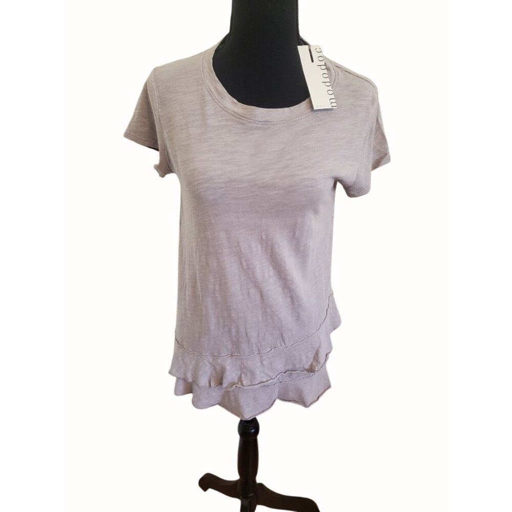 Mo-do-doc Women's Shirt S Gray Cotton Short Sleeve Ruffled Hemline Silverstone